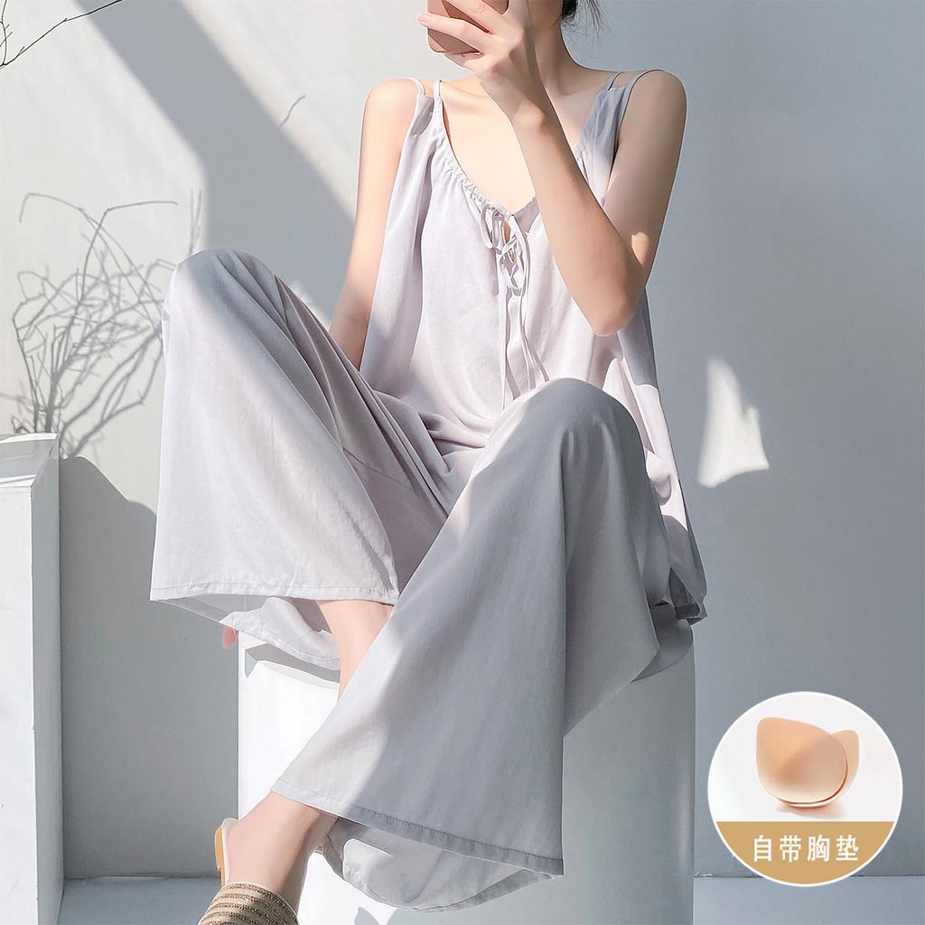 Cotton silk suspender trousers pajamas two-piece set with chest pad book artificial cotton women's suit summer solid color loungewear