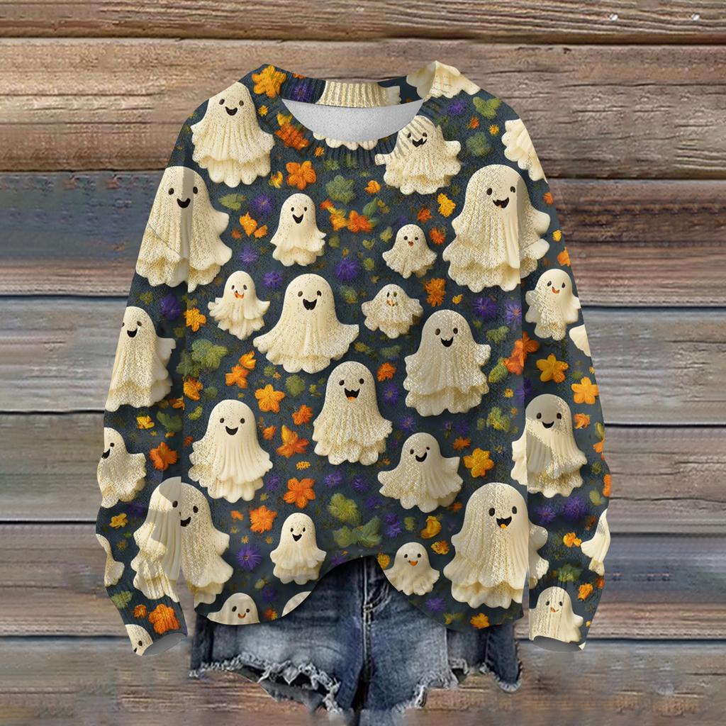 Ladies' Fashionable Casual Long Sleeved Halloween Printed Round Neck Knitted Yarn
