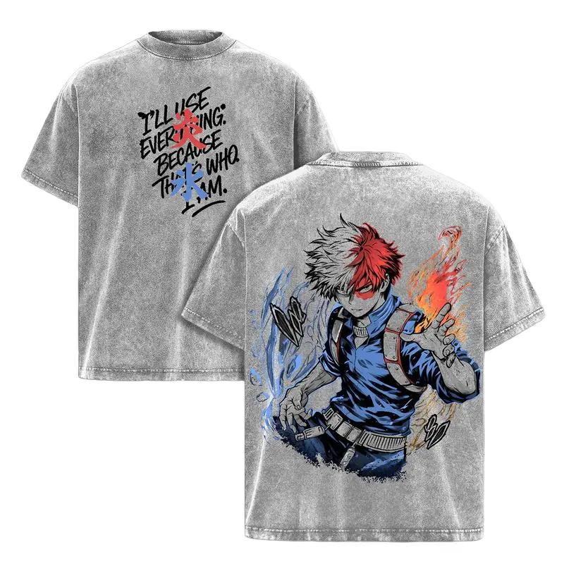 Anime My Hero Academia Todoroki Shoto T-shirt Men Women Clothing Hip Hop Y2k Vintage Washed Oversized T shirt Cotton Tees Tops XXL серый 1590₽