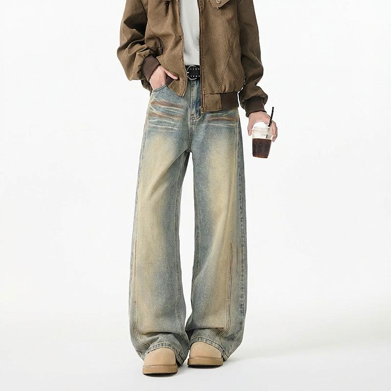 American high street washed old jeans men's and women's vibe ruffian handsome straight-leg pants splicing personalized mopping pants long pants