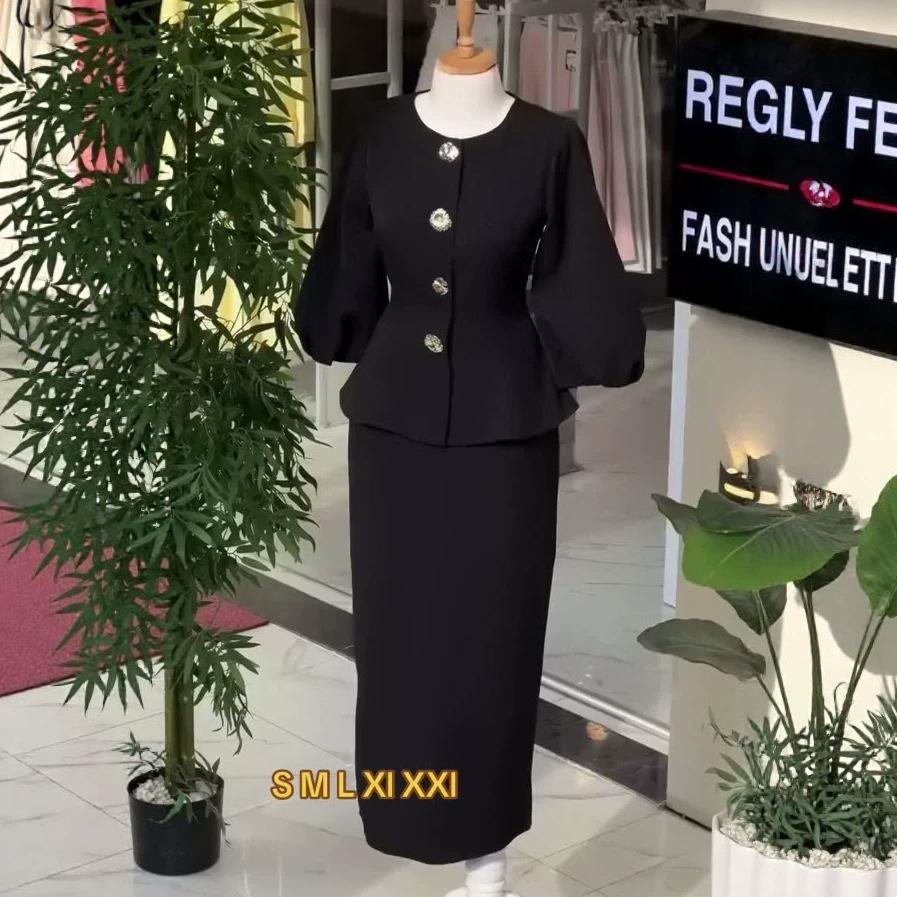 Spring and Autumn New European and American Amazon Cross-border Round Neck Long-sleeved Suit Top Hip Skirt Suit