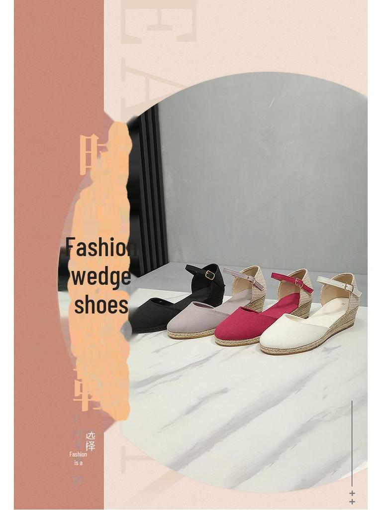 Women's Straw Hemp Rope Wedge Heels with Round Toe and Buckle