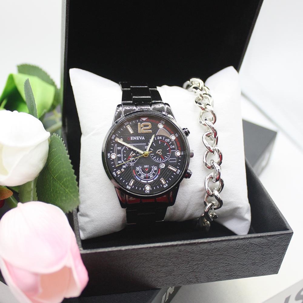 3pcs Set Luxury Man Watch Big Brand Men's Watch Stainless Steel Bracelets Matching Bracelets Include Box for Classmate Gift