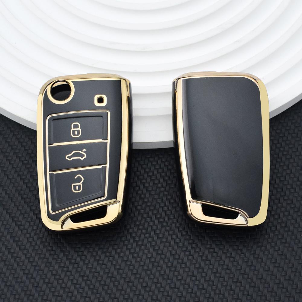 

Чехол для автомобильного ключа из ТПУ с 3 кнопками и золотым краем, держатель для автомобильного брелока для VW Golf 7 ALLTRACK MK7 для Skoda Octavia A7, защитные аксессуары чёрный
