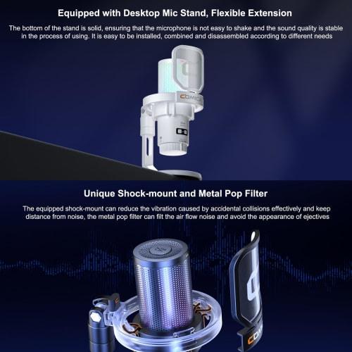Comica USB Microphone for Computers and Smartphones, RGB Cardioid Condenser Gaming Microphone (for Podcasting, Streaming, and Recording) with Desktop