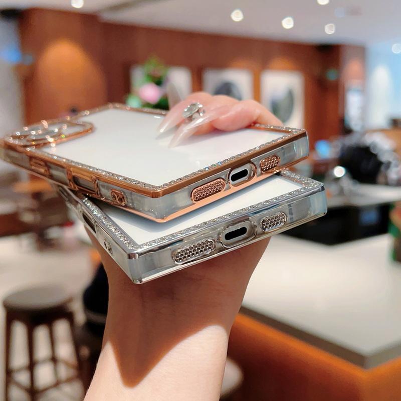 Glitter Diamond Frame Clear TPU Phone Case For iPhone 16 Pro 15 Pro Max 14 13 Transparent Shockproof Soft Bumper Cover