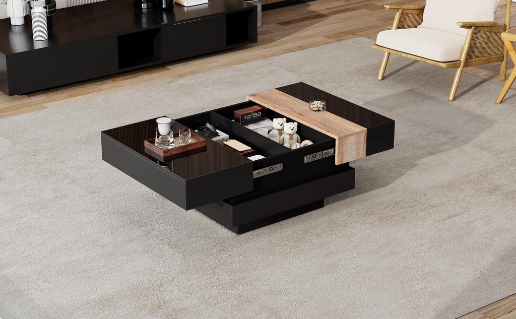 Tavolino Quadrato per Soggiorno 70*70*39cm, Tavolino da Caffè Estensibile con Contenitore Nascosto, Tavolino da Tè con Design Color Block, Tavolino Laterale ad Alta Lucentezza, Nero, MDF