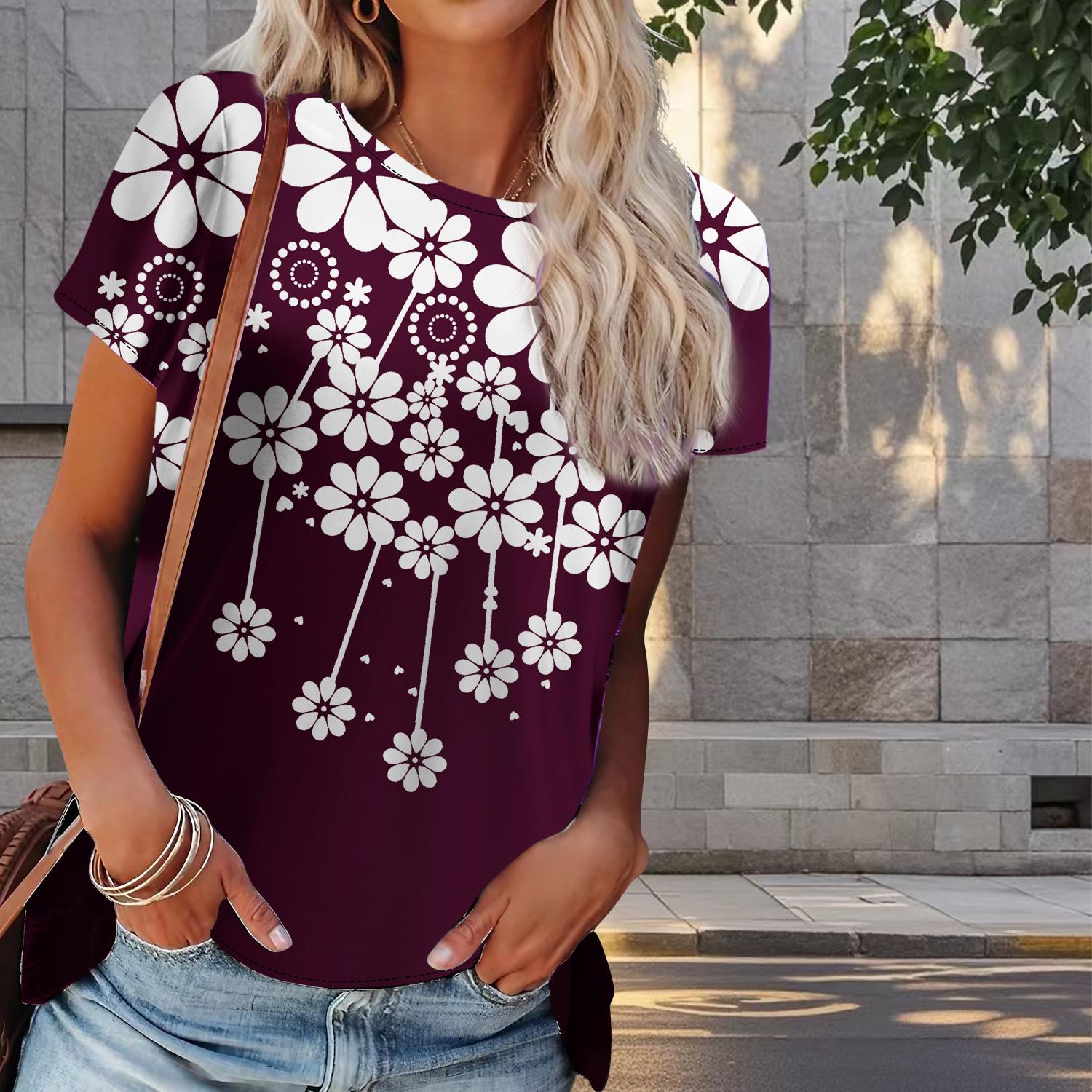 

Женская летняя футболка с белым цветочным принтом в стиле ретро, футболки с коротким рукавом, повседневные топы с принтом 8XL красный