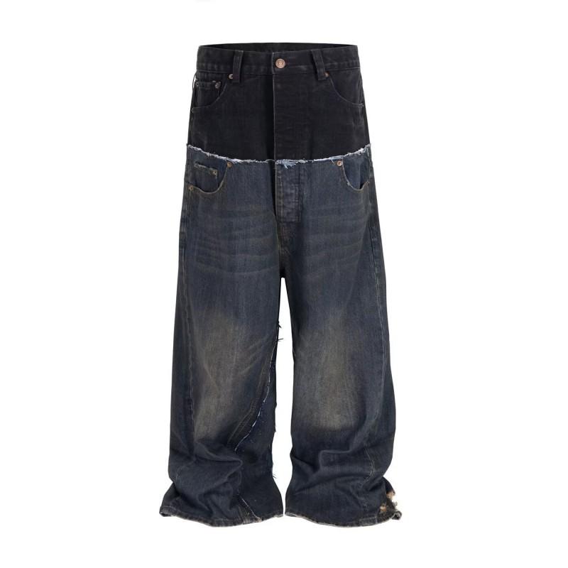 Unisex Relaxed Straight Fit Denim Jeans With Dual-Panel Design Water Washed Mid-Rise Casual Trousers