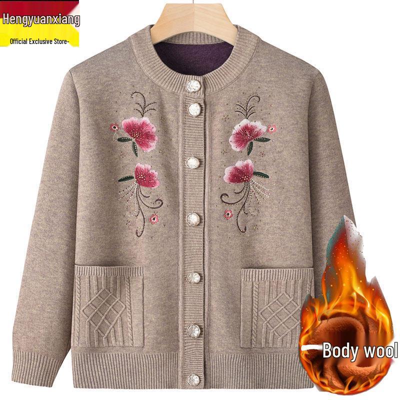Plus Size Velvet Thickened Sweater Coat for Women & Grandmothers (73-83 Years) - Button Cardigan