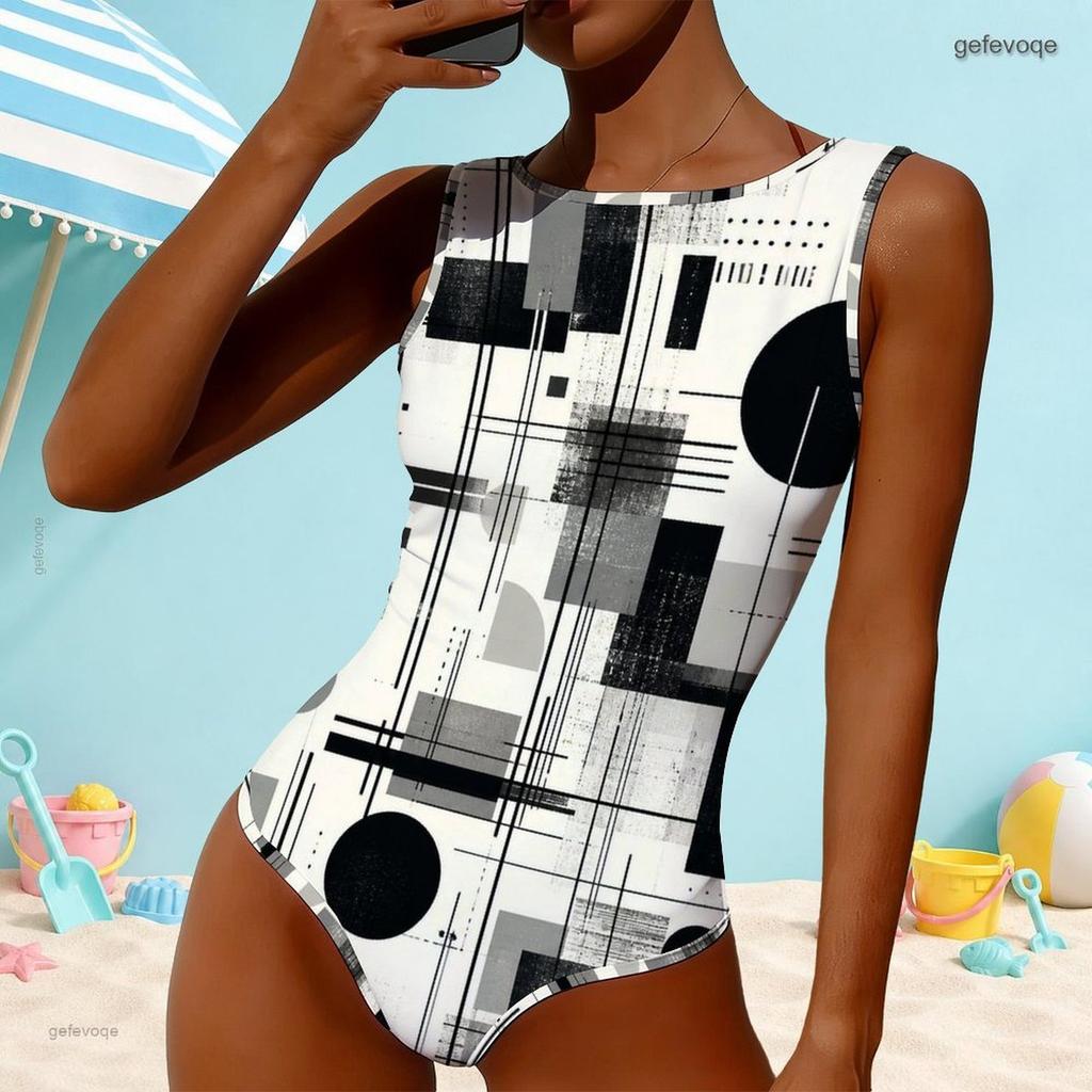 Women Plus Size High Round Neck Sleeveless One Piece Swimsuit Black White Grey Geometric Printed