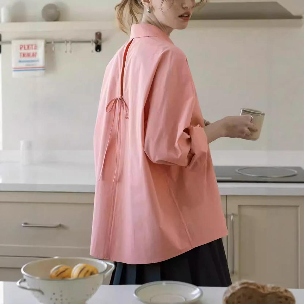 French style foreign style age-reducing pink shirt women's spring design sense niche back lace-up loose lazy shirt top
