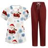 Women's Uniform Set with Short Sleeve Christmas Print Top and Pants, Two-Piece Caregiver