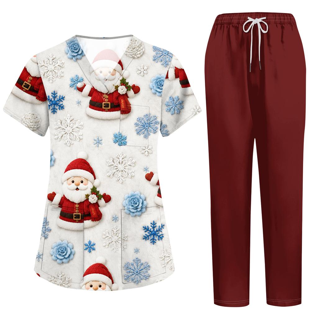 Women's Uniform Set with Short Sleeve Christmas Print Top and Pants, Two-Piece Caregiver