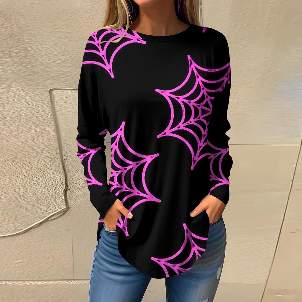 Women's Loose Round Neck  Print Long Sleeve T-Shirt Top Pullover