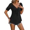 2026 Summer Puff Sleeve Womens Blouse V-neck Drawstring Slim Fit Short Sleeve Shirts Woman Fashion Solid Elegant Tops  30643