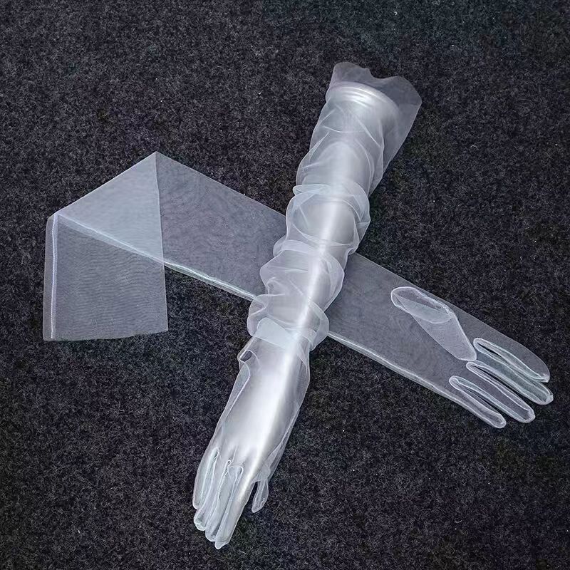 

55cm Long Sheer Tulle Gloves, Transparent Organza Opera Gloves for Wedding & Evening Party L