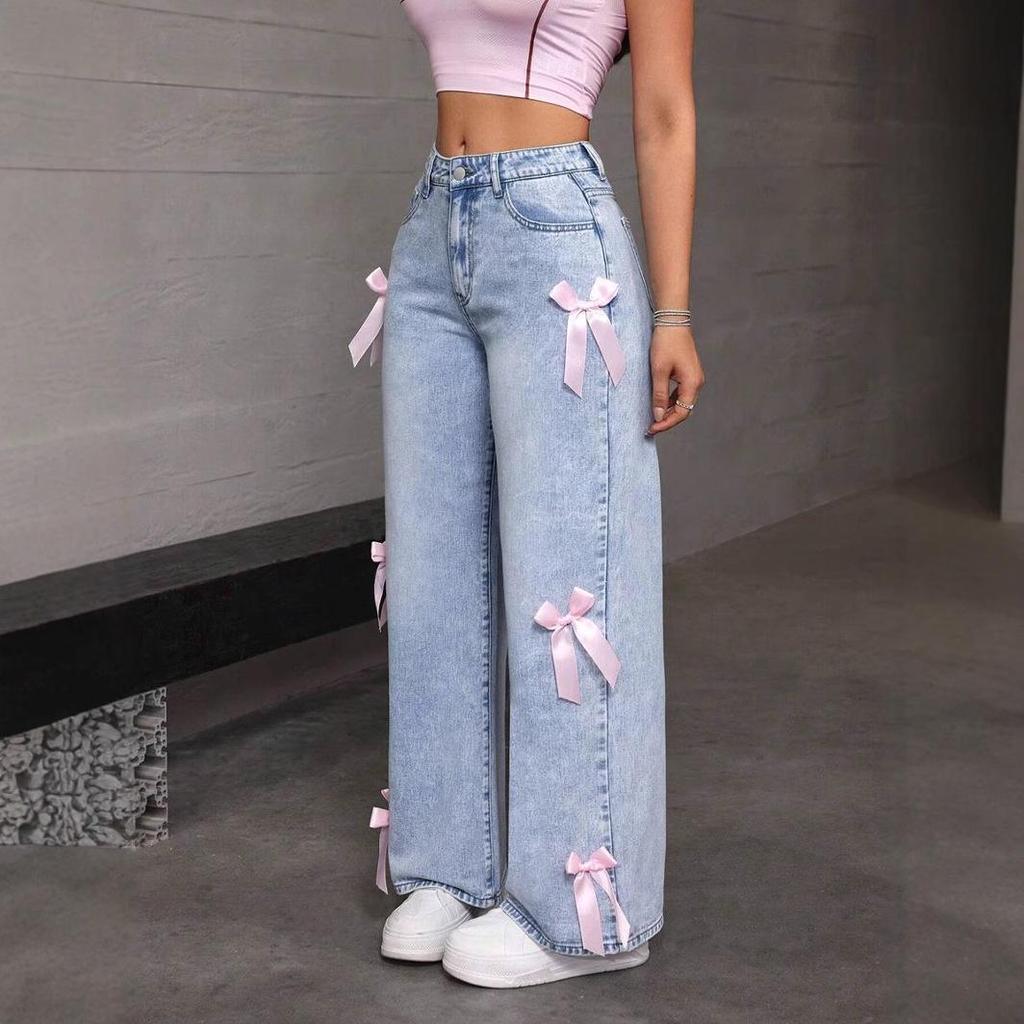 Women's Trendy Bow Straight-Leg Wide-Leg Jeans