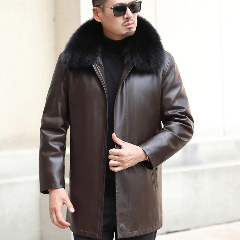 

Средний мужской кожаный пуховик с меховым воротником средней и длинной длины, зимняя овчинная куртка, кожаная куртка, мужская куртка 6XL