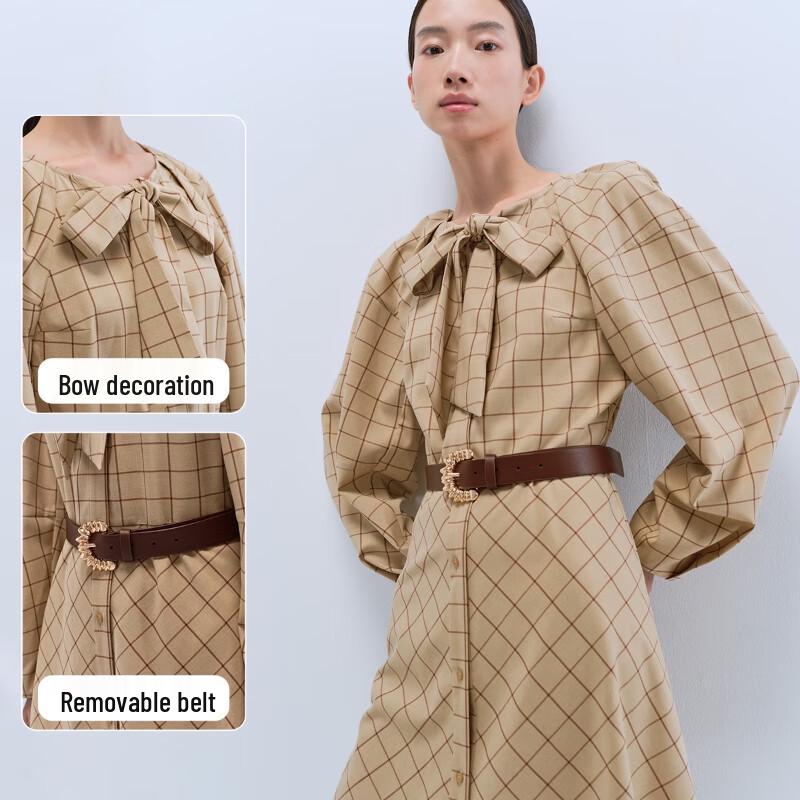 Veromoda Elegancka damska sukienka koszulowa w kratę z kokardą i odpinanym paskiem