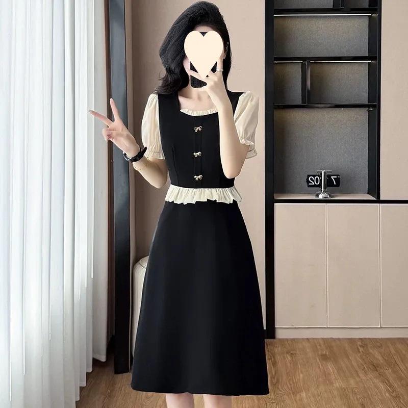 High-end temperament fake two-piece splicing skirt women's summer large-size ruffle leaf edge thin waist dress