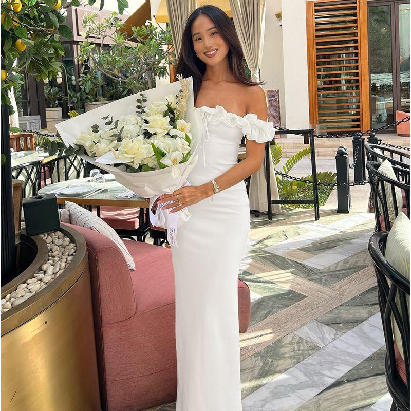 

Shemoda French Sexy Wooden Ear Lace-up Collar Dress Women s Silm Micro-Pull Dress Formal Dress White L