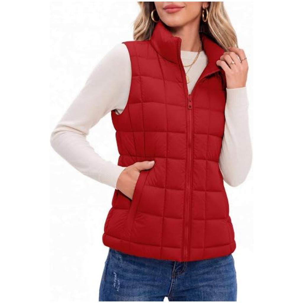 Women Sleeveless Stand Collar Zipper Quilted Plaid Warm Padded Vest