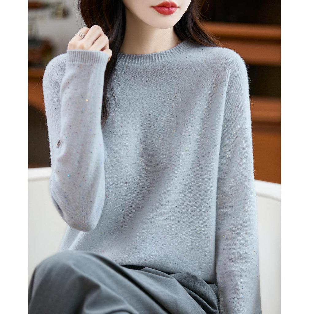 Women's Sequin Crew Neck 100% Wool Sweater - Loose Fit, Ready-to-Wear Knit Base Layer for Commute