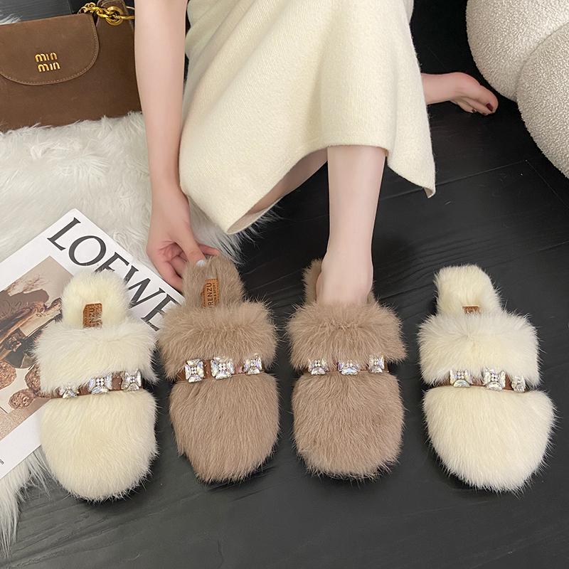 Fashion 2025 Women's Fur Warm and Cold Baotou Slipper Winter Fashion Rhinestone Decorative Plush Leisure Flat-bottomed Non-slip Slippers
