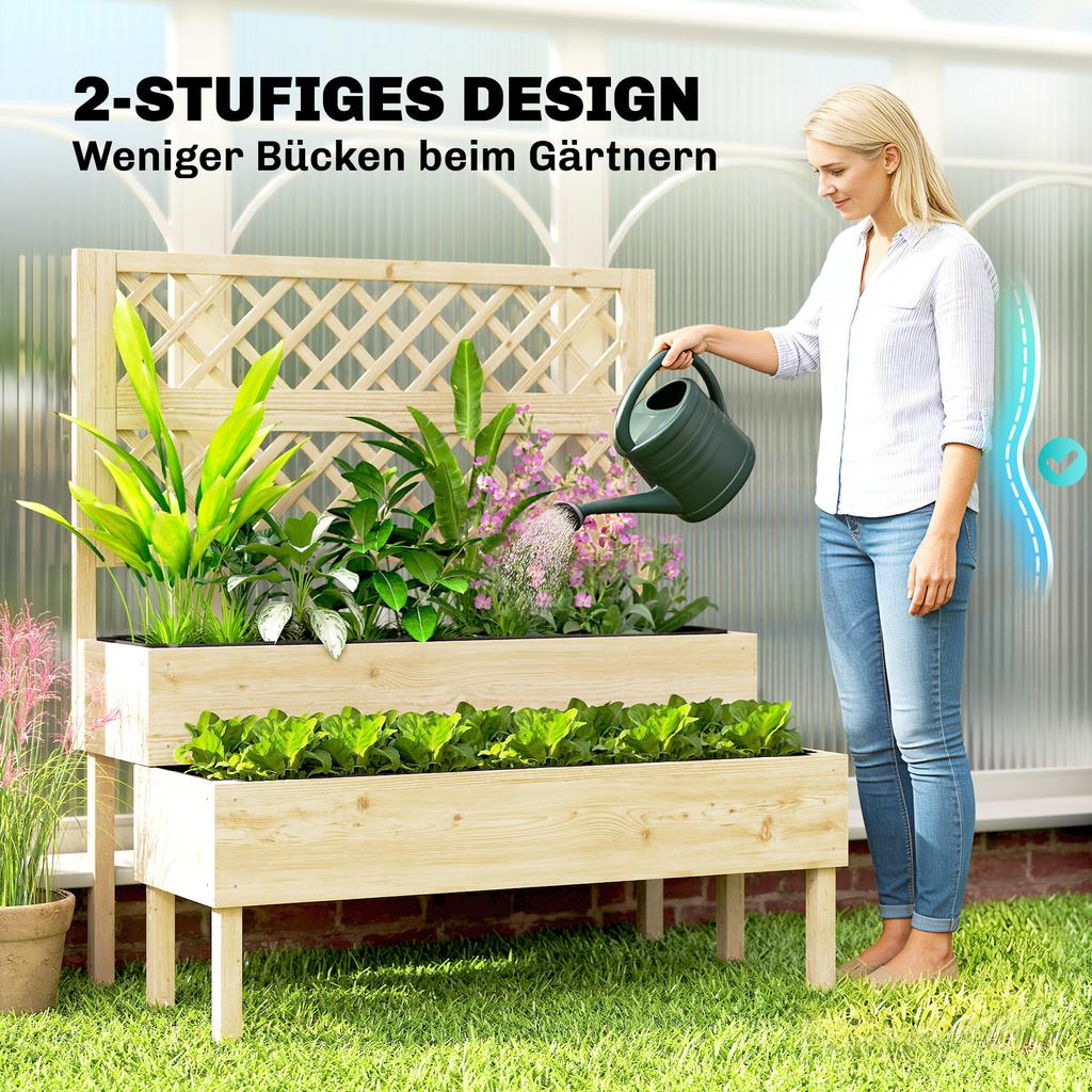 Raised Garden Bed 2-Tier Stepped Design Planter Box with Trellis for Climbing Plants 108x62x120 cm