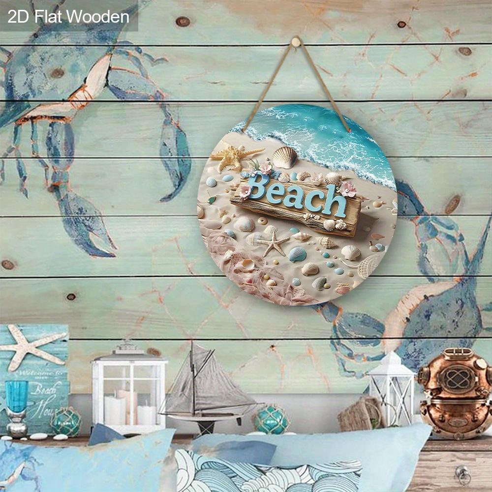 2D, Summer Beach Shells Starfish Wood Round Sign Summer Home Office Wall Decoration Seaside Party Decoration Rustic Farmhouse Bathroom Shelves