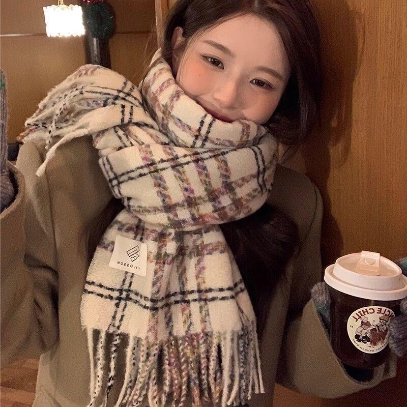 Korean Style Plaid Mohair Scarf - Women's Winter Imitation Cashmere Shawl
