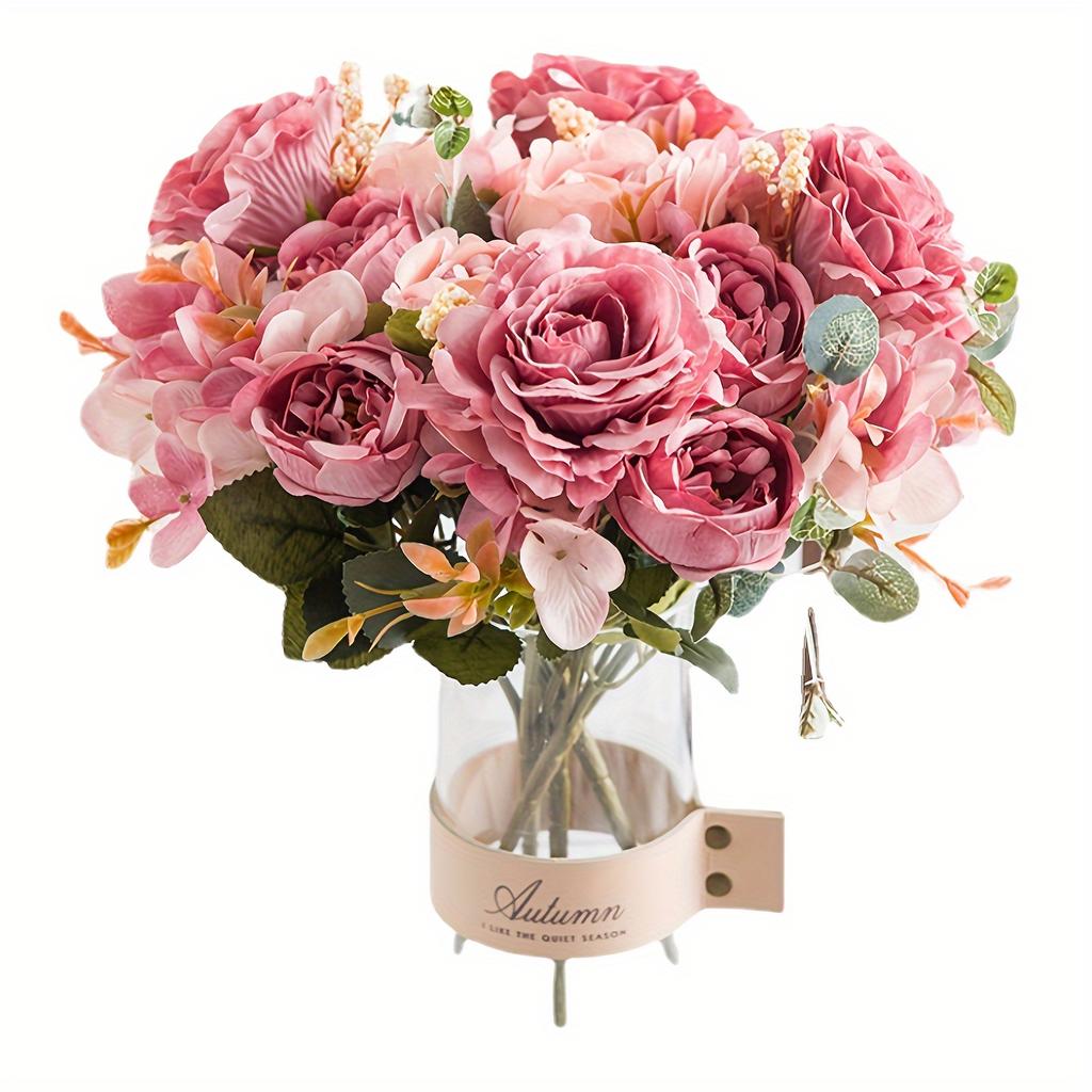 2 Paquetes de 12 Cabezas de Rosas Peonías Artificiales, Ramo Floral de Tela Vintage, Rosas Falsas de Plástico para Decoración del Hogar y Bodas, Ramo de Novia, Día de San Valentín