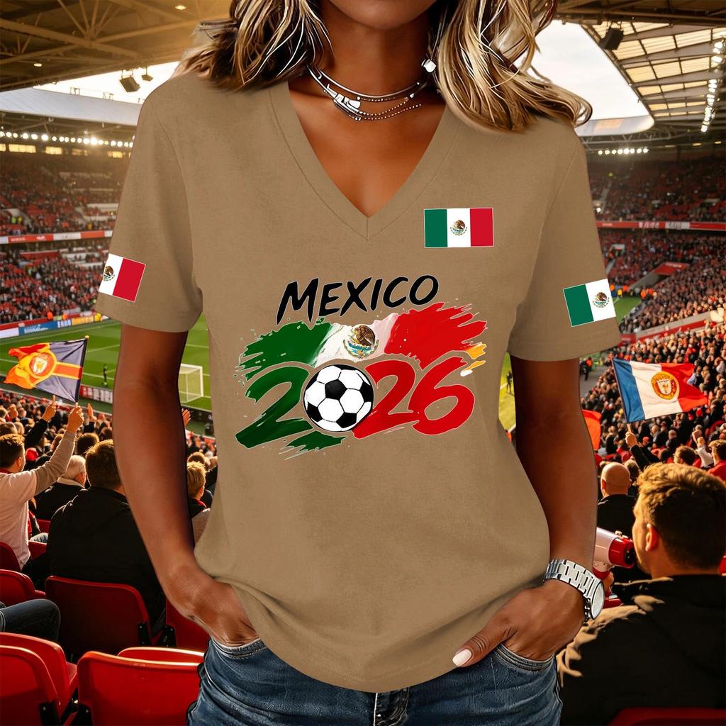 Women's Casual Short Sleeve V Neck Pullover Top Soccer Graphic Print National Flag Support Shirt for Outdoor Activities and Sports