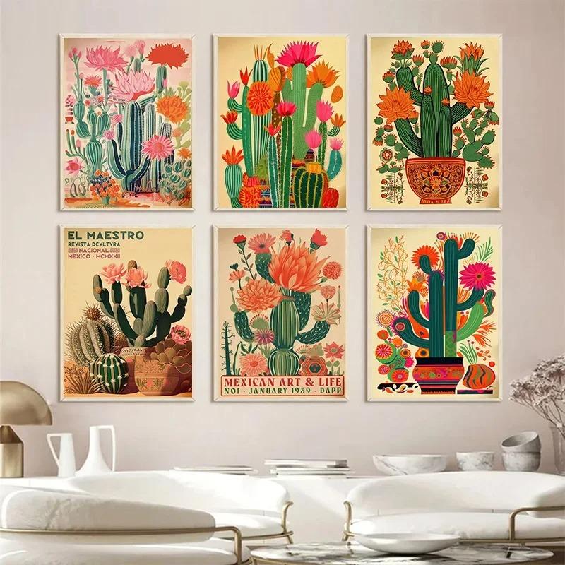 Vintage Mexican Cactus Posters Print Colorful Floral Aesthetic Art Canvas Painting for Modern Living Room Corridor Wall Decor