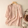 Summer Round Neck Medium Sleeve Embroidered Chic Top Literary Retro Loose Temperament Cotton and Linen T-shirt New