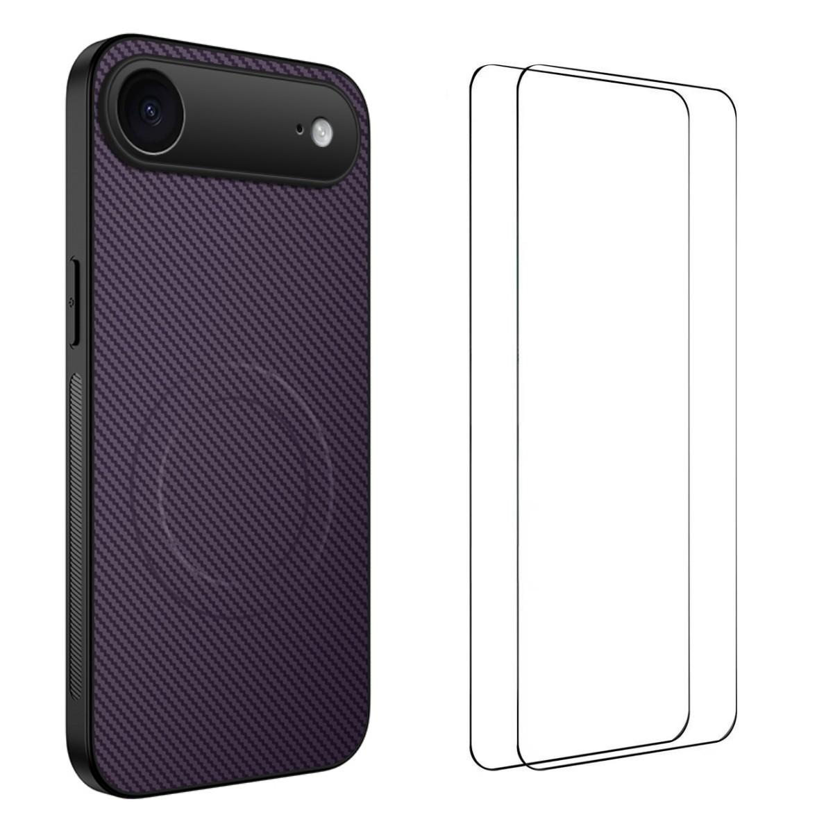 

For iPhone 17 Air Magnetic Case WANLONFENG TQ1 Series Carbon Fiber Texture PC TPU Phone Cover with 2Pcs Screen Films Purple