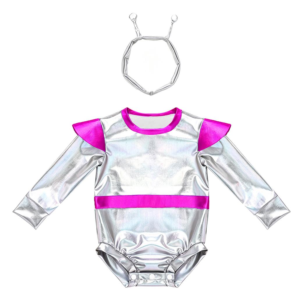 Baby Girls Color Block Alien Outfit Long Sleeve Press Button Crotch Metallic Romper Photography Costume