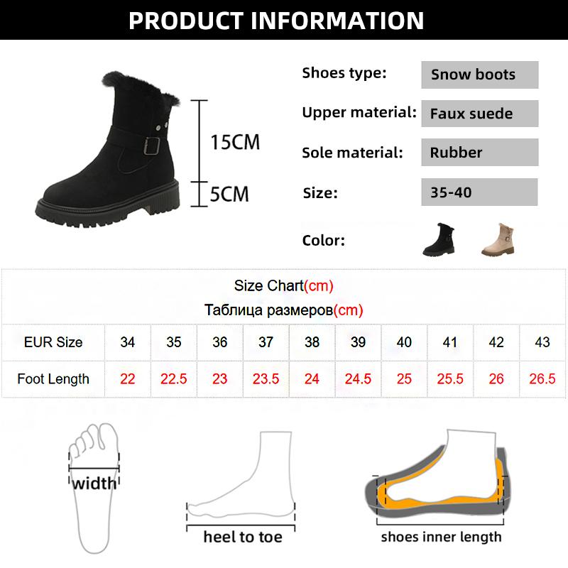 fashion Winter Warm Thick Plush Snow Boots Women Rivet Decor Low Heels Ankle Boots Woman Buckle Strap Non Slip Platform Botas Mujer 2024