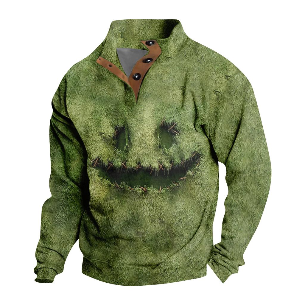 Men's Casual Fashion Christmas Printed Hoodless Sweatshirt Wide Men's Loose Button Stand Collar Hooded Sweatshirt
