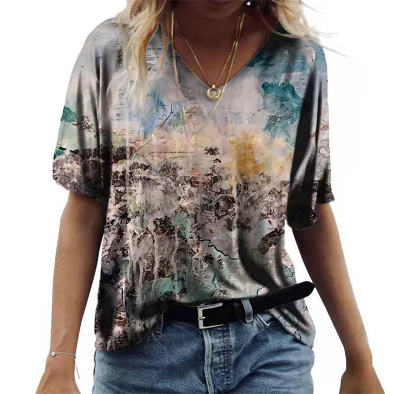 Damski T-shirt z krótkim rękawem i dekoltem V Luźny T-shirt Miejski Casual Nadruk 3D Damska Podstawa