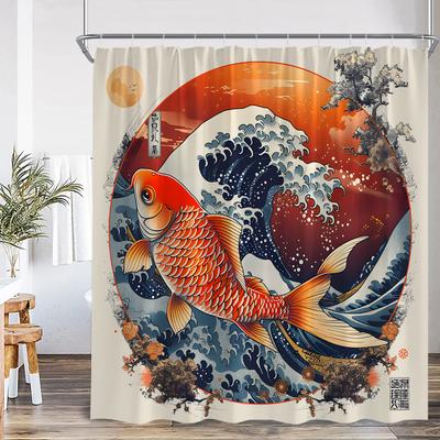 Cortina de Ducha Japonesa Koi Olas Sol Rojo Flor de Cerezo Bendición Suerte Decoración de Baño Cortina Clásica de Poliéster para Bañera con Ganchos