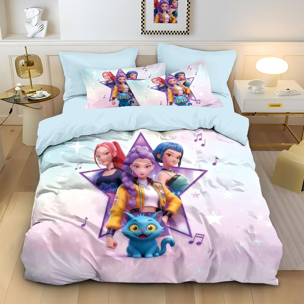 3pcs/set K-Pop Bedding Set Demon Hunters Colorful Print Polyester Student Dormitory Bed Sheet Duvet Cover Kid Gift Home Textile