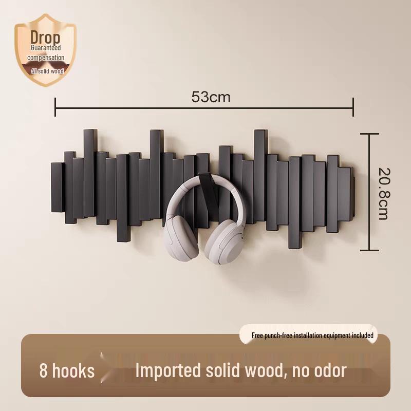 Solid Wood Coat Rack with Piano Key Hooks – Adhesive, No-Punch Design for Wall or Door
