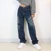 Womens Loose Straight Leg Jeans Blue Printed Denim Pants Hip Hop Streetwear Vibe Style