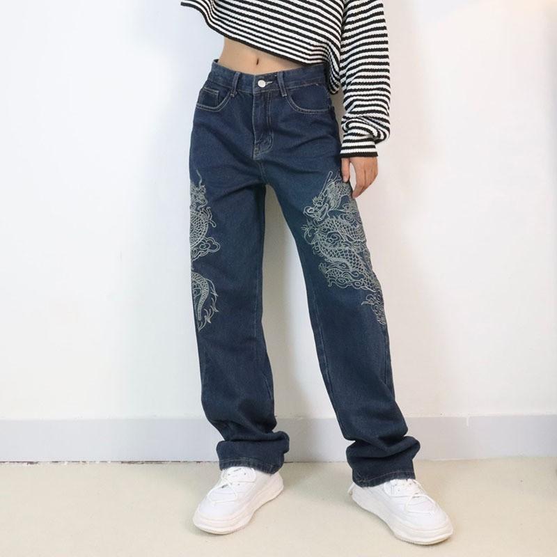 Womens Loose Straight Leg Jeans Blue Printed Denim Pants Hip Hop Streetwear Vibe Style