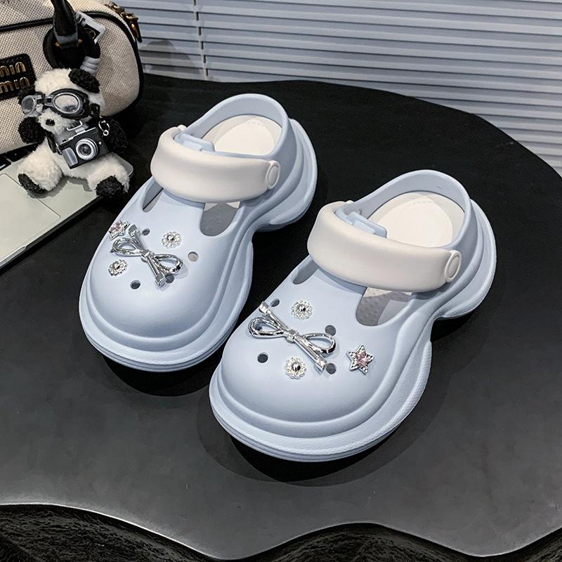 

Spring and summer new rhinestone heightening hole shoes women s tide non-slip bag head slippers women s shoes 35 синий