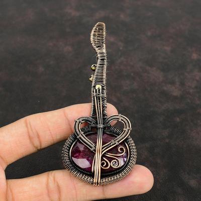 Faceted Kashmir Ruby Gemstone Pendant Copper Wire Wrapped Pendant Guitar Pendant Handmade Copper Jewelry Music Instrument Jewelry For Gift