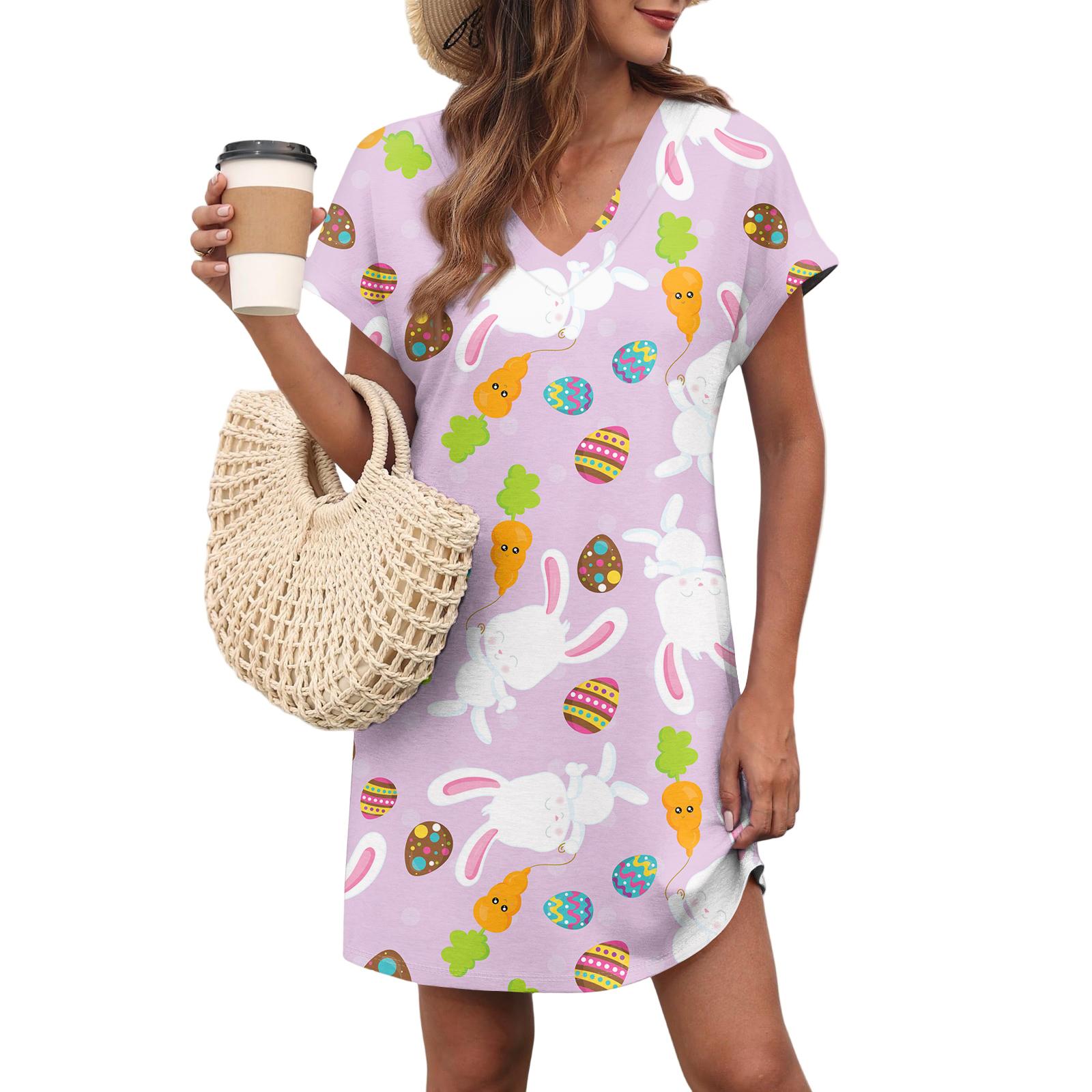 

Women s Casual Fashionable Sexy V-Neck Covered Sleeves Belted Pocket Easter Print Dress S