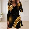 Women Plus Size V Neck Long Sleeve Black Floral Printed Curved Hem Dress